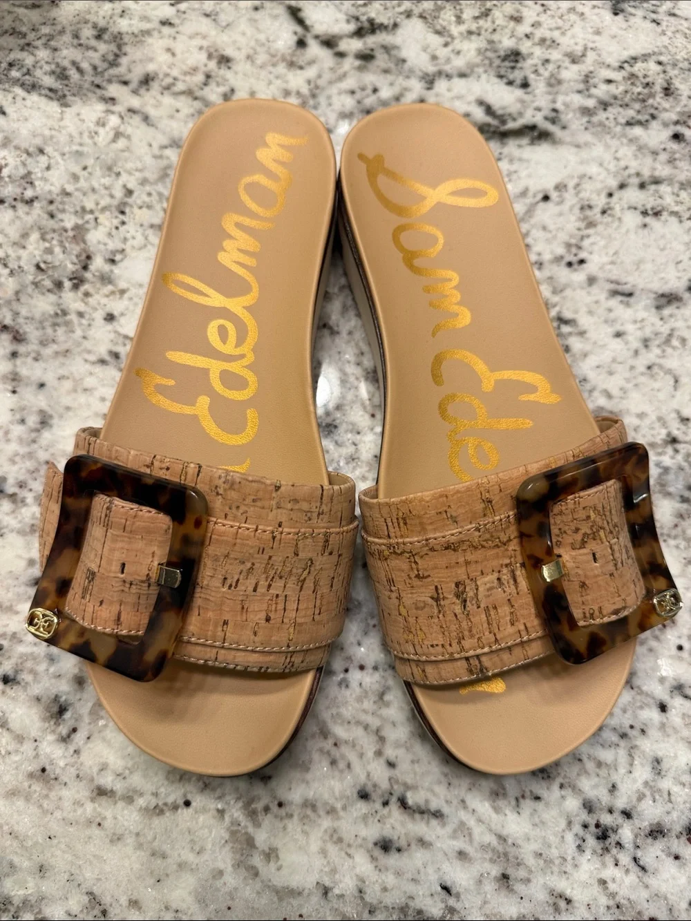Sam Edelman Tan Cork Slide Sandals with Tortoiseshell Buckles - Picture 1 of 3